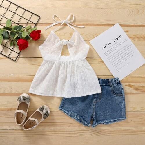 Kid Halter Camisole + Ripped Denim Shorts with Bow Decoration Cool Hollow Elastic Waist Spring Clothing