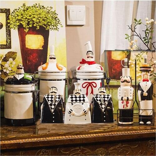 Free Shipping Ceramic Jars For Spice Kitchen StorageSet Chefs Figurine Sealed Cans Oil Bottle Egg Basket European Home Decor