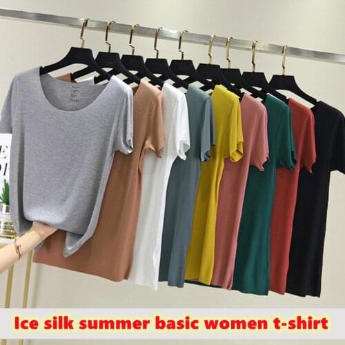 Women Solid Summer T Shirt Cotton And Silk Mix Plain O Neck Short Sleeve Basic Candy Colors Womens T-shirt Ladies Cool Off Tops