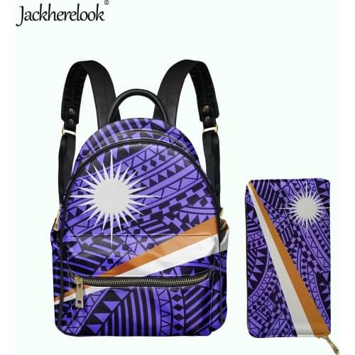 Jackherelook Island Kwajalein Flag Polynesian Design Womens 2pcs/Set Luxury PU Backpack with Card Holder Wallet Female Satchel