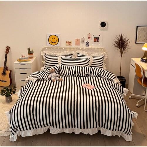 100% Cotton Bedding Set Striped Bed Sheet Set Full/Queen Size Quilt Bed Cover Black and White Ruffle Duvet Cover Set Girls Gift