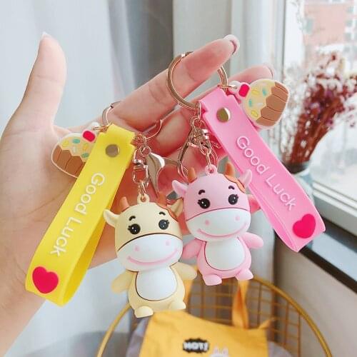 Korean Cute Farm Animal Keychains Good Luck Cow Key Chain Women Bag Gift Jewelry Couple Car Keyring Cattle Keychain Doll