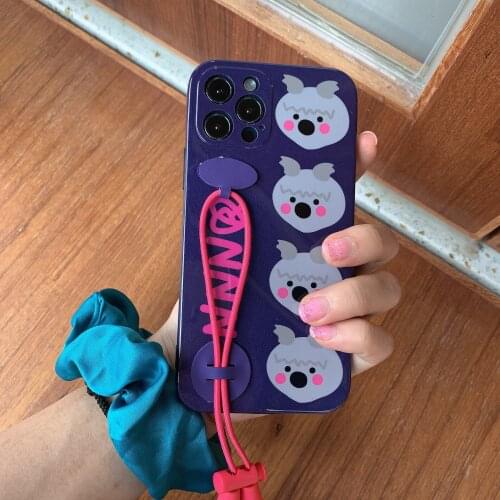 Ins Hand Strap Cute Phone Case For Apple iPhone 12 Promax 11 Mini XS XR 7 8 Plus SE Bear Cartoon Pattern Lens Protection Fundas