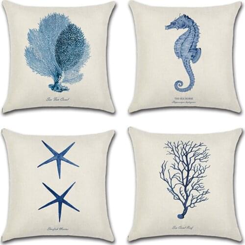 Sea Horse Printed Cushion Cover Cotton Linen Throw Pillowcase for Sofa Marine Starfish Pillow Case Decorative Pillowcases Cover