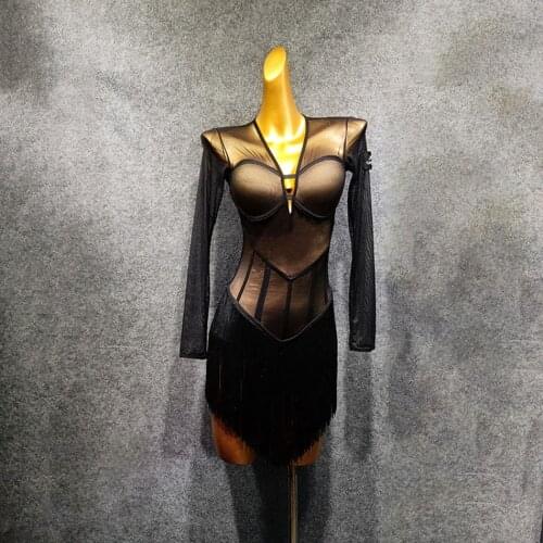 2020 New Long Sleeve Black Tassel Latin Dance Dress Dancing Performance Women Dress Ballroom Samba Tango W447
