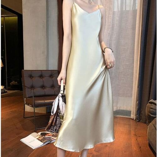 New Summer Solid Color Womens Sexy V-Neck Suspender Skirt Fashion Satin Loose Nightclub Temperament Commuter Sleeping Dress