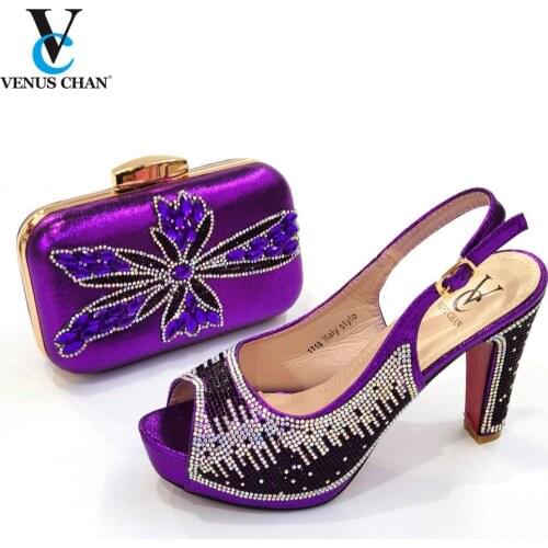 2021 Autumn New Arrivals Mature Women Shoes and Bag Set in Purple Color Super High Heels with Platform for Wedding Party