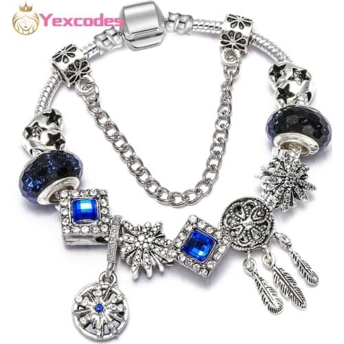 Yexcodes Original Blue Classic Fine Bracelet Bangle DIY Starry Beadswith Crystal Charm Bracelet for Women Gift