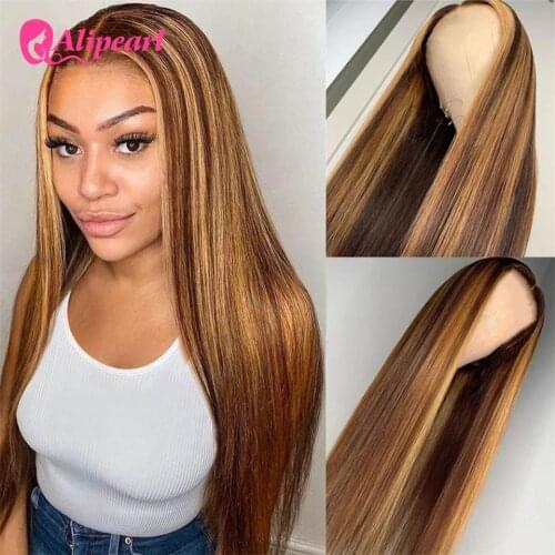 AliPearl Hair Brown Highlight 13x4 Lace Front Wig Human Hair Wigs Malaysian 4x4 Wig Straight 5x5 Wigs PrePlucked 180 Density
