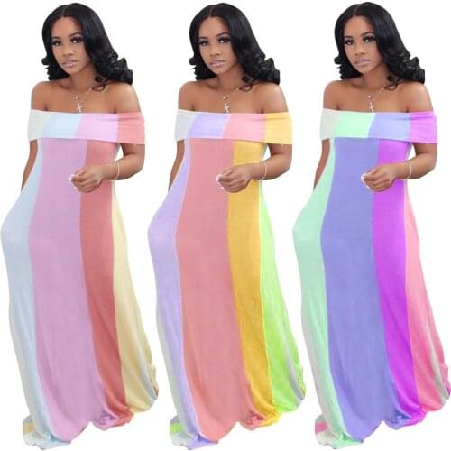 Plus Size Bohemia Style Sexy Fashion Womens Clothing Contrast Color Loose Stripe Printing One Shoulder Home Straight Dress