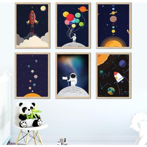 Astronaut Planet Balloon Space Rocket Cartoon Wall Art Canvas Painting Nordic Posters And Prints Wall Pictures Child Room Decor