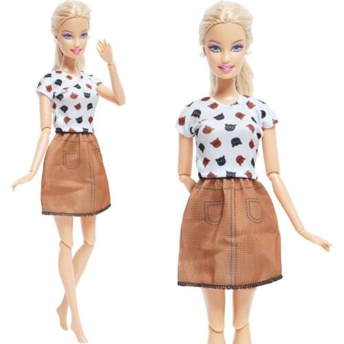 Cute Animals Cats Shirt Tops + Brown Dress Outfit Short Sleeve Clothes Skirt Dresses Up Accessories for Barbie Doll Girls Toy