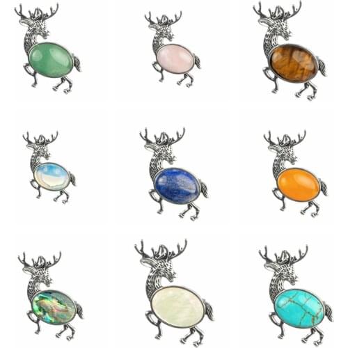 Sika Deer Brooches Pendant Natural Stone Reindeer Quartz Crystal Healing Reiking Charm Chakra Brooch Clip Steel Vintage Necklace