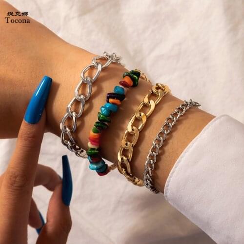 Tocona Charms 4pcs/sets Colorful Natural Stone Bracelets for Women Trendy Alloy Metal Adjustable Bohemian Jewelry Gift 16542