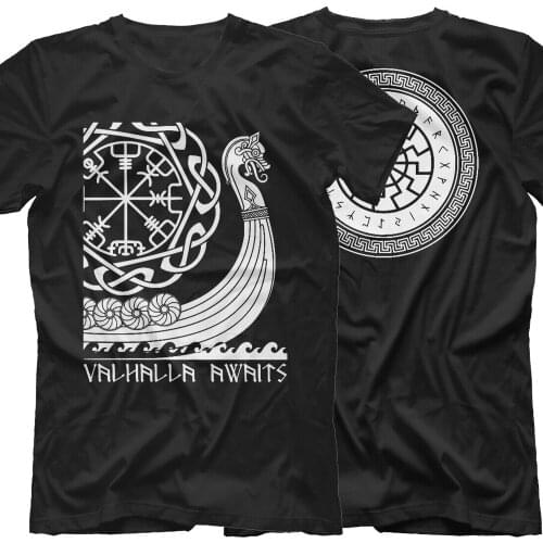 Valhalla Awaits Unique Viking Ship Compass Dragon Boat Printed T-Shirt. Summer Cotton Short Sleeve O-Neck Mens T Shirt New S-3XL