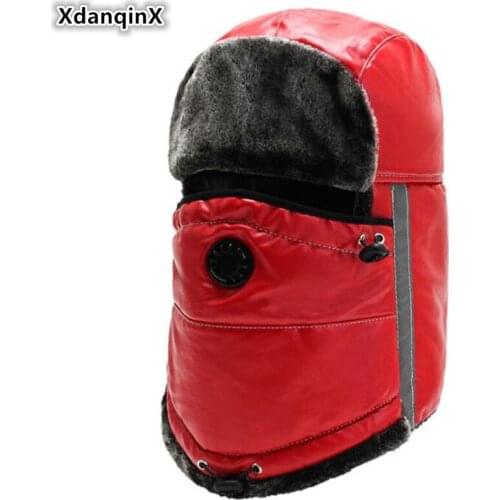 XdanqinX 2019 Winter New Women Warm Hat Thick Velvet Bomber Hats Mens Earmuffs Caps PU Waterproof Cold-proof Ski Cap Couple Hat