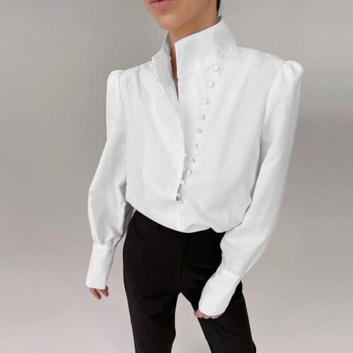 Woman Chinese Traditional Stand Collar Long Sleeve Button Up Top Blouses Vintage Shirt White Casual Shirt Girl Loose Office Wear
