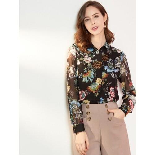 Womens Blouses and Tops Silk black Floral printed Office Formal Casual Shirts Plus Large Size Spring Summer Sexy Haut Femme