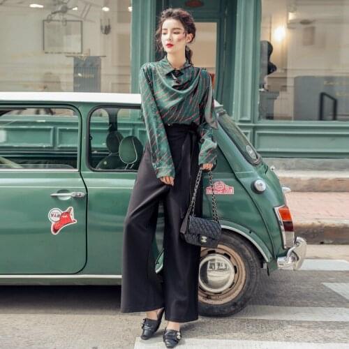 2020 Modis Brand Designer Runway Two Piece Set Korean Style Print Loose Shirt and Black Wide Leg Pants Ladies Fall 2 Piece Set