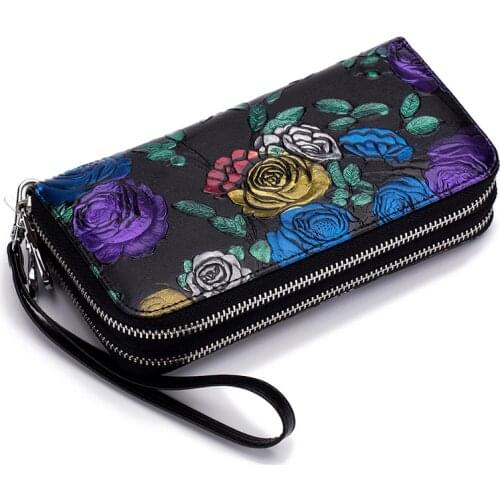 Womens Wallet Long Leather Wallet Large Capacity Double Zipper Leather Purse Multi-Card Position Retro Popular Lady Hand Purses