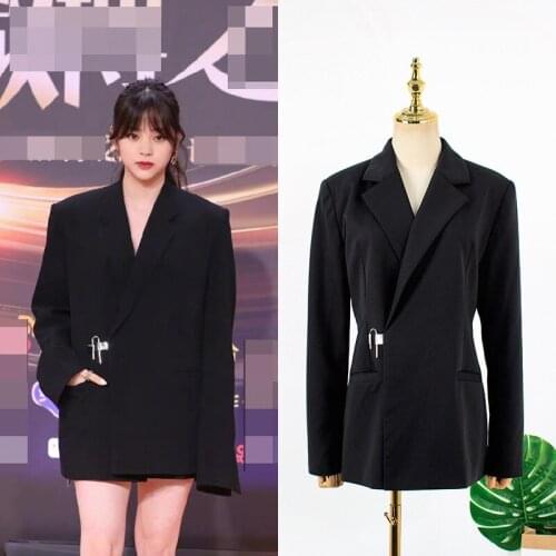 5060 Dark Black Turn-down Collar Single Button Blazer Jacket With Pockets Womens Casual Fashion Solid Color Loose Suit Outerwear