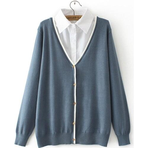 Women Oversize Sweater Knitted Jumper Autumn Loose Fake Two Piece Tops Shirt Collar Thin Pullover Fashion 2020 Knitwear