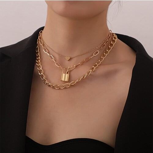 YADA 2021 Alloy Lock Shape Chain Presents&Necklace For Women Gold Color Heart Necklaces Statement Double Layer Necklace SE210013