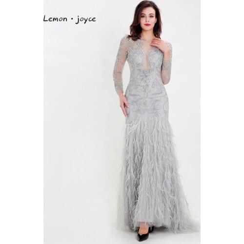 Lemon joyce Luxury Evening Dresses Long Sleeves Illusion Beading Feathers Robe Soiree Dubai Evening Dress Plus Size