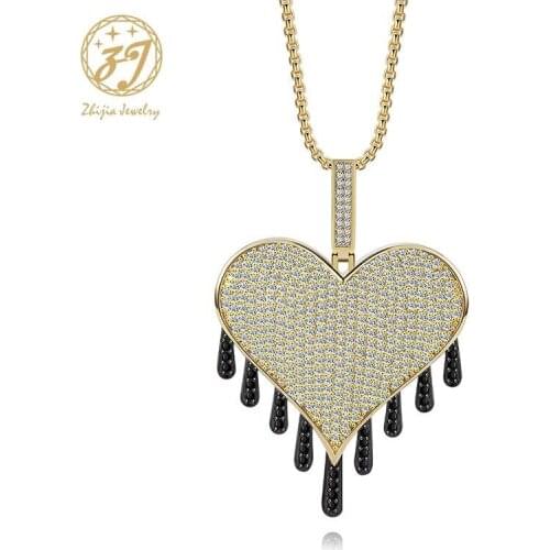 Zhijia golden crystal rhinestone heart pendant necklace for women long chain heart shape necklace accessories