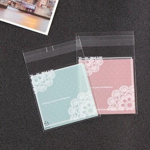 500PCS Pink Blue Floral Lace Cookie Cellophane Bags Birthday Plastic Biscuit Bags Candy Packing Self Adhesive Bags OPP Bag 7x7cm