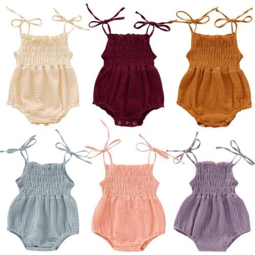 6 Colors New Lovely Retro Baby Girls Lace Up Romper Soft Cotton Summer Sleeveless Strap Toddler Pleated Jumpsuit Overalls 0-24M