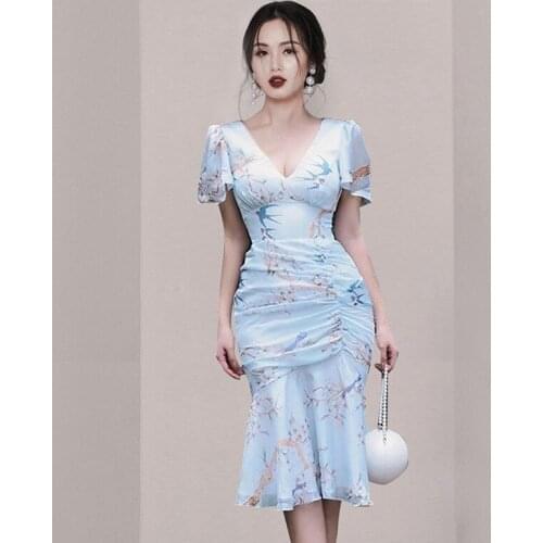 Summer Dresses Blue Floral Elegant Vintage Office Folds Women Dress Bodycon Bandage Mermaid Sundress Party Sexy Korean Clothes