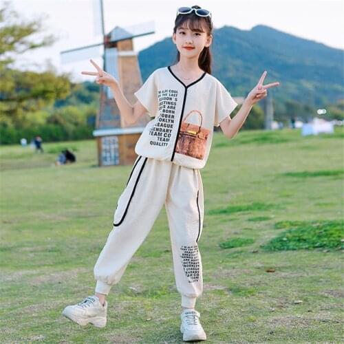 Summer kids baby Girls Clothes Set Child Tops t shirt + sweatsuit pants teenager letter Tracksuit 5 6 7 8 9 10 11 12 13 14 Years