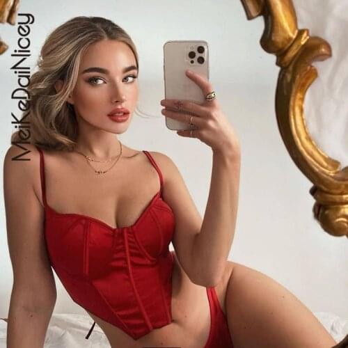 MeiKeDaiNicey 2021 Sexy Sleeveless Lace Up Corset Bustier Tops Camisoles Women Strap Backless Slim Summer Crop Top Female