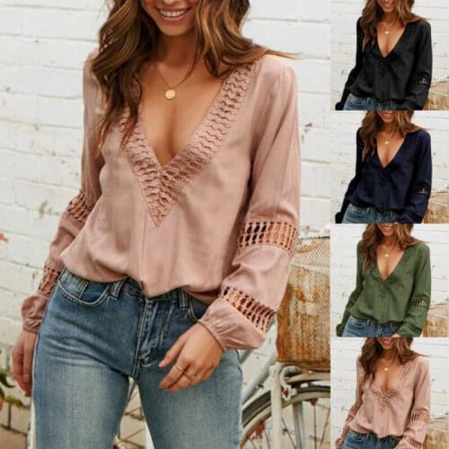 New Fashion Women Long Sleeve Loose Hollow Out Blouse Female Girls V Neck Casual Fashion Solid Color Autumn Shirts Tops Outwear