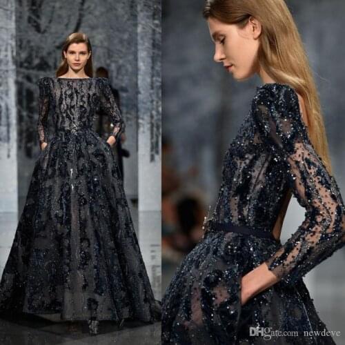 Latest Prom Dresses Luxury Beaded Sequins Crystal Bateau Velvet Long Sleeve Evening Gowns Luxury Formal Dress Party Wear