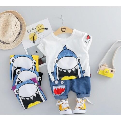 New Baby Boy Outfits Summer Short Sleeve Shark Printed T-shirt Tops+Denim Shorts 2pcs Suit Fashion Boys Kids Clothes Sets