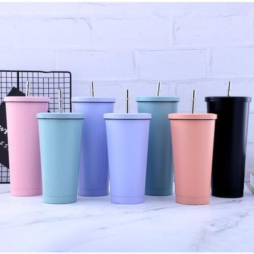 New Hot Sales Matt finish 750ML 304 Stainless Steel Straw Cup Large Capacity Vacuum Solid Color Coffee Mug Tumbler Cup