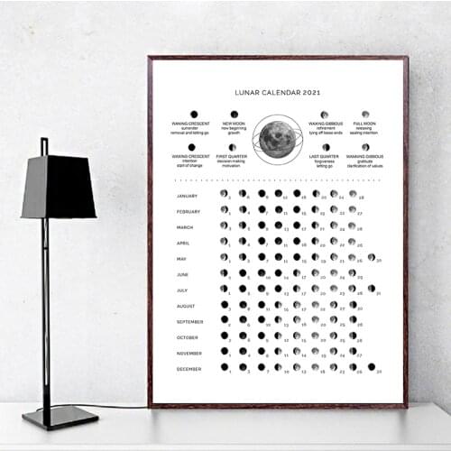 2021 Moon Phase Calendar Canvas Print Andromeda Galaxy Moon Phases Poster Crescent Home Decor Moon Lunar Calendar Art Painting