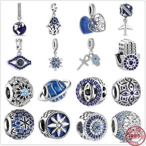 New Blue Zirconia Earth Airplane Snowflake Pendant Dangle DIY fine beads Fit Original Pandora Charms Silver 925 Bracelet Jewelry