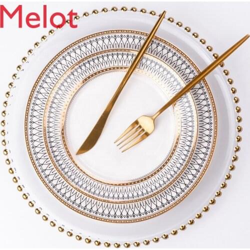 White Bone china tableware coffee cups saucer bowls spoon Charger Wedding Ceramic Dinner soup plate gold rim set