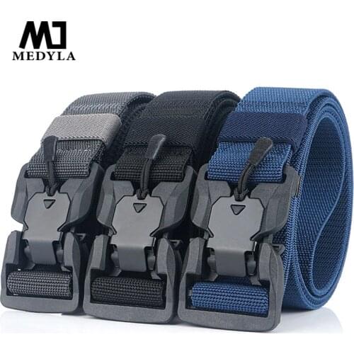 MEDYLA Elastic Belt Hard ABS Magnetic Buckle Men Military Tactical Belt High Strength Elastic Nylon Soft No Hole Army Belt