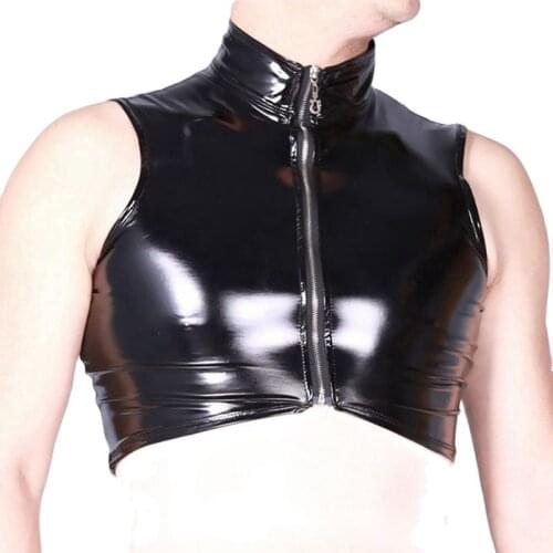 Sexy Men Turtleneck Plus Size Zipper Open Tank Top PVC Shiny Wet Look Punk Leather Short Top Art Photo Dance Club Gay Wear F45