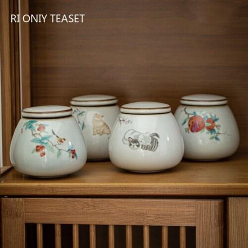 Traditional Ru Kiln Ceramics Tea Caddy Portable Small Tea Jar Sealed Sugar Spice Coffee Containers Travel Tea Bag Storage Box