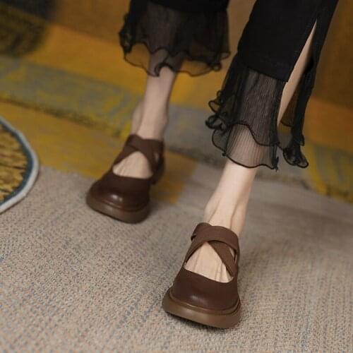 French retro leather round toe thick-soled ballet shoes women 2021 new low-heeled soft-soled shoes