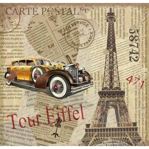 Paris Eiffel Tower Vintage Torn Newspaper Old Car backdrop High quality Computer print wedding background