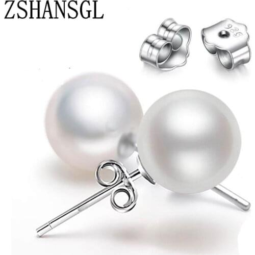 Fashion silver color Elegant Beauty, Round White Pearl Stud Earrings Women Inlaid Zircon Engagement Jewelry Brincos