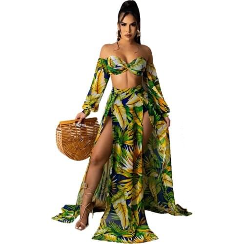 2021 Women Fashion 2 Pcs Women Set Print Slash Neck Short Tops and Shorts Maxi Dress Summer Beach Outfits