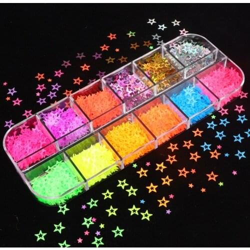12Set 12 Grids Fluorescence Glitter Star Nail Sequins Neon Pigment Art Glitter Flakes Decorations Nails Accessoires Wholesaler