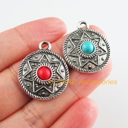 8 New Round Flower Charms Tibetan Silver Tone Red & Blue Stone Star Pendants 22x26.5mm